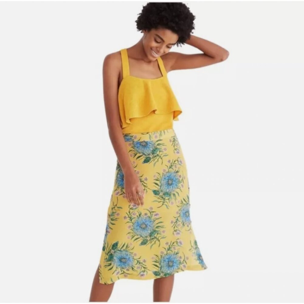Madewell Yellow Floral Midi Skirt with Blue Flower Print